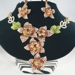 Gold brown crystal statement earrings necklace set